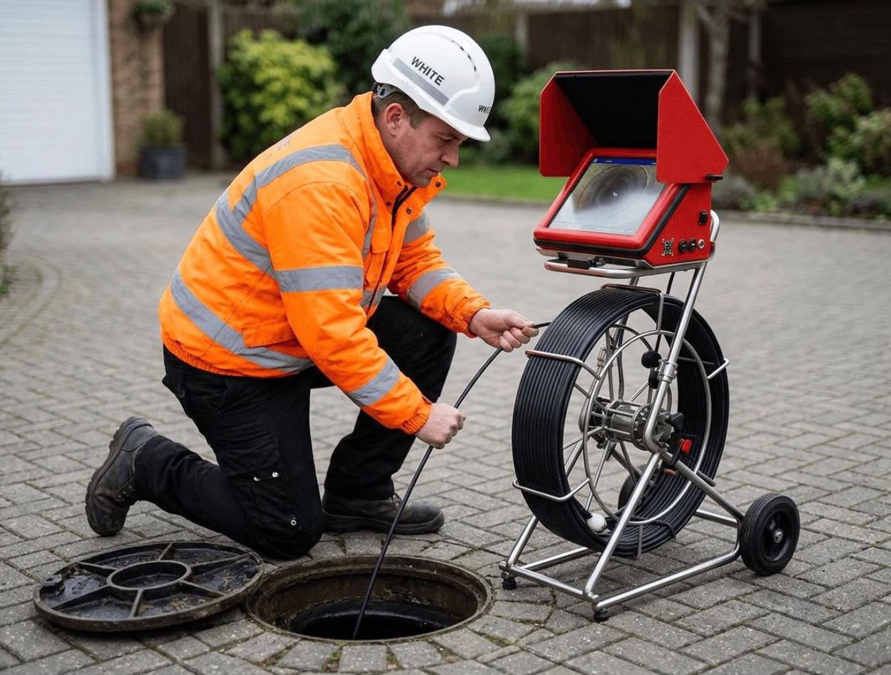 Drain engineer setting up a CCTV survey camera